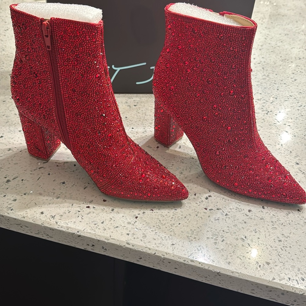 Betsey Johnson CADY Sparling stones Red Booties Brand New in Box